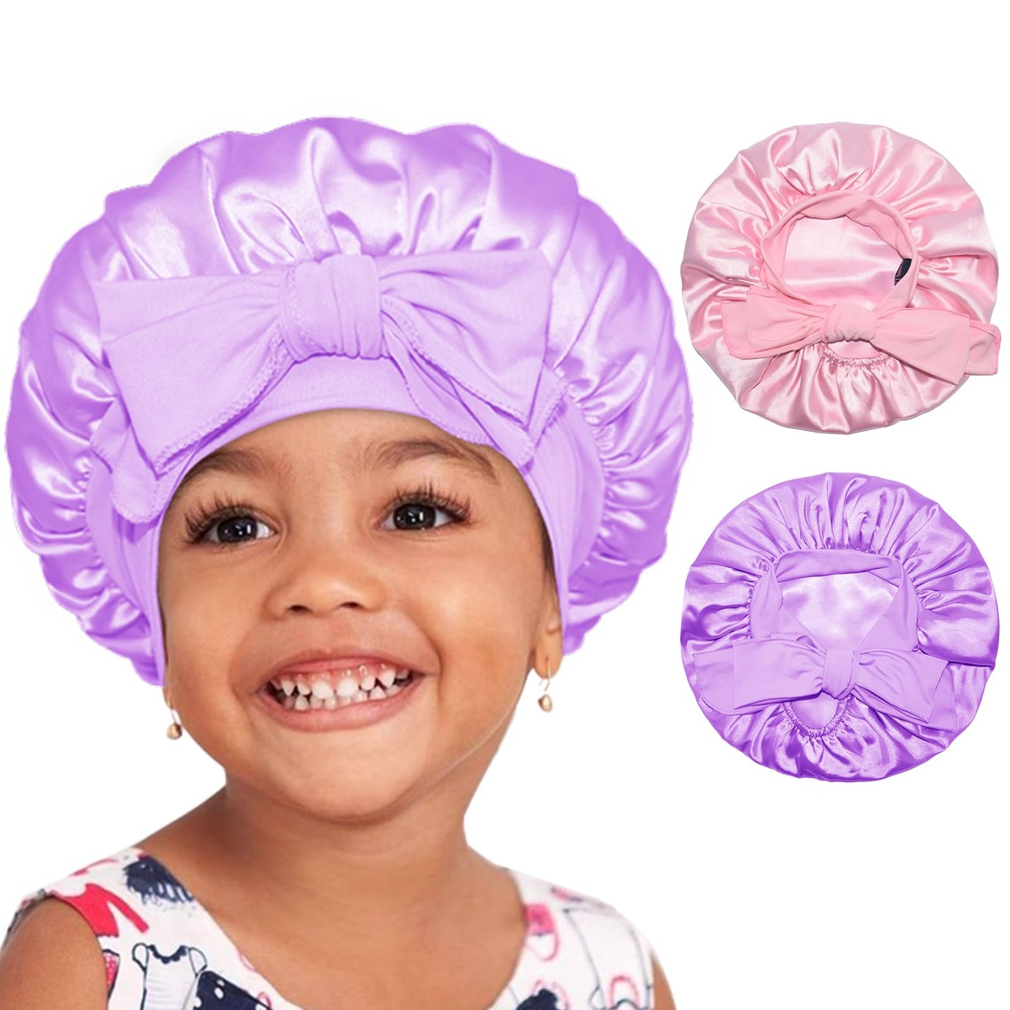 BONNET QUEEN Baby Bonnet Kids Bonnet Double Layer Silk Bonnet for Sleeping Satin Bonnet Adjustable Silk Hair Wrap with Tie Band 2Pcs 6-12 Months Pink+Purple