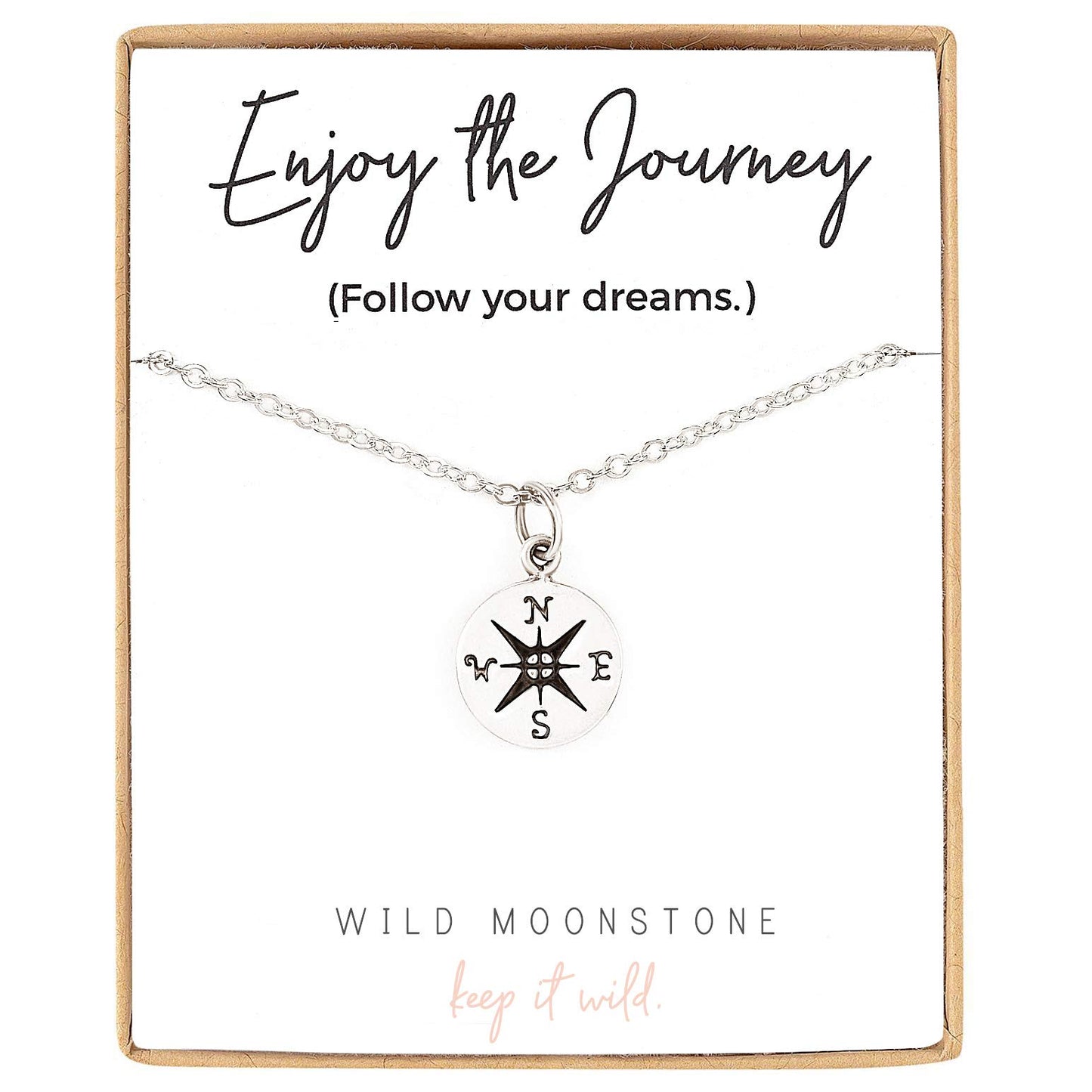 Wild Moonstone Compass Pendant Necklace, Graduation Gift for Her, Best Friend - Sterling Silver, 18"