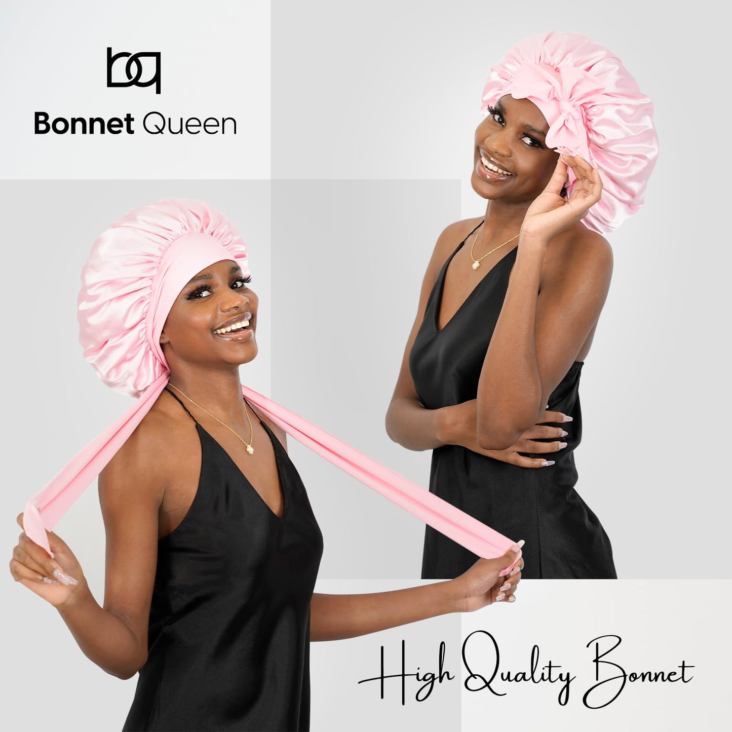 BONNET QUEEN Silk Bonnet for Sleeping Women Satin Bonnet Hair Bonnet Adjustable Hair Bonnet Night Sleep Cap Black+Pink Black+Pink