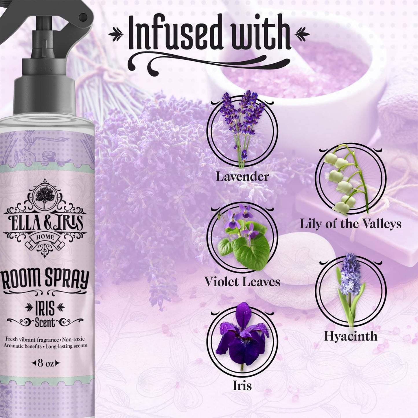 Ella & Iris Home - Reed Diffuser & Room Spray Bundle - Essential Oil Diffuser & Freshener Spray for Aromatherapy Benefits, Odor Eliminator, & Non-Toxic Air Freshener - Great Gift for Mom - Iris Scent