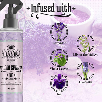 Ella & Iris Home - Reed Diffuser & Room Spray Bundle - Essential Oil Diffuser & Freshener Spray for Aromatherapy Benefits, Odor Eliminator, & Non-Toxic Air Freshener - Great Gift for Mom - Iris Scent