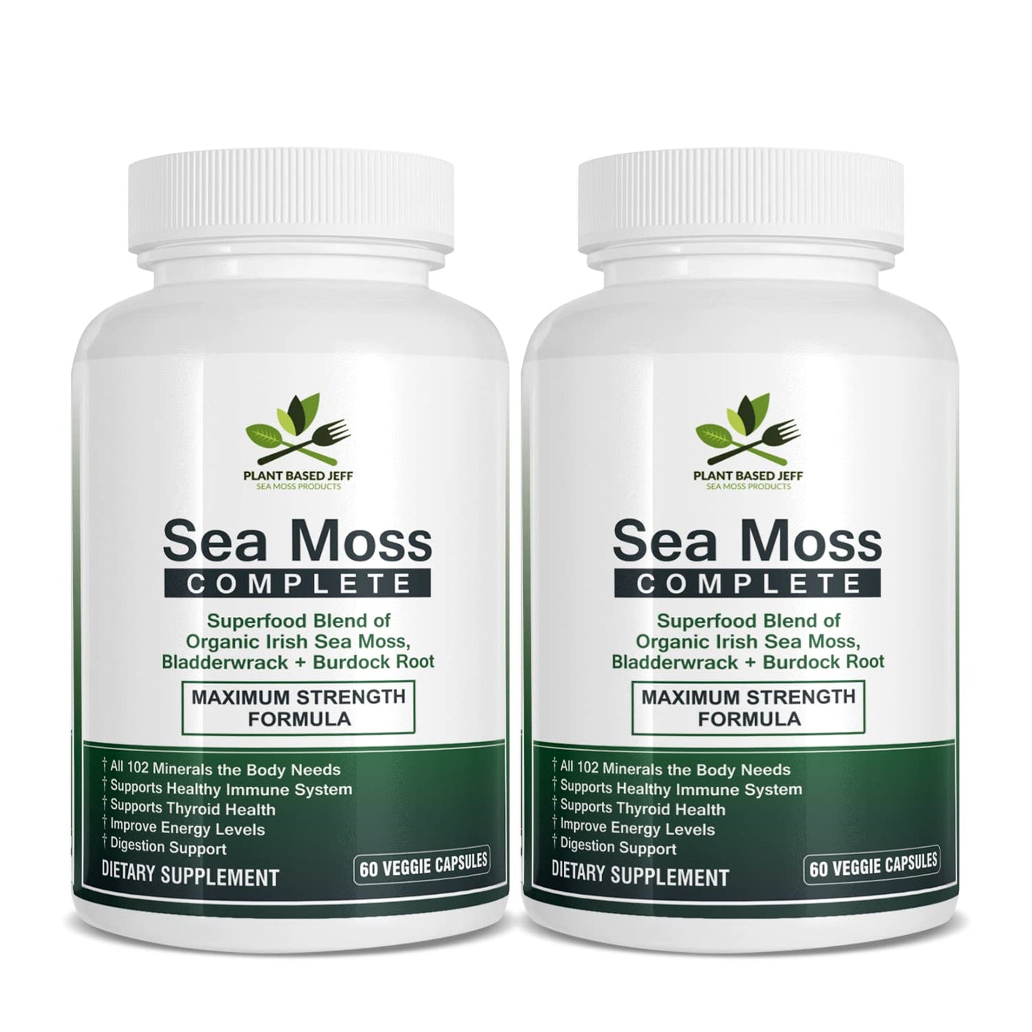 Plant Based Jeff Wildcrafted Sea Moss Capsules, 60 Count, Immune Defense Supplement and Natural Superfood with Vitamins A, B, C, D, E, and K, Supports Thyroid Function and Joint Health (2-Pack)