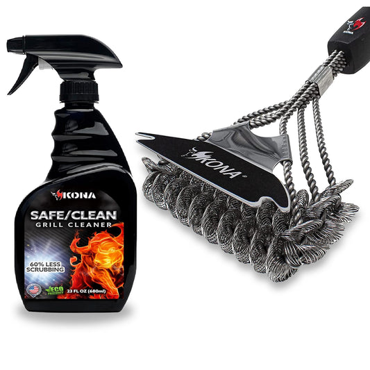 Kona Scraper Coil Grill Brush & Grill Spray - Flat-Scraper, Bristle Free Grill Brush with Speed/Scrape & Grill Cleaner Spray w/No Drip Feature, Non-Flammable & Environmentally-Friendly