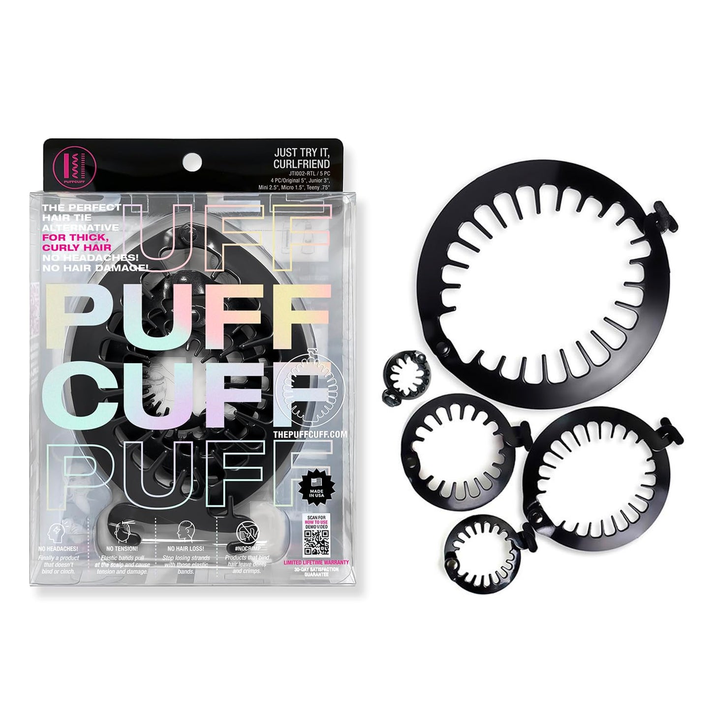 PuffCuff Just Try It Curlfriend!, Original 5”, Junior 3”, Mini 2.5” Micro 1.5” and Teeny 1.25”, For Thick, Curly, Textured Hair, Painless, Damage-Free Styling for Big Hair, Black