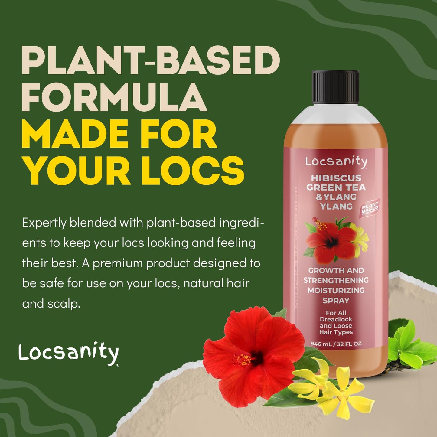 Locsanity Hibiscus Green Tea Hair Growth Spray for Dreadlocks and Loose Hairstyles Hair Care Treatment – Jumbo Size Loc Moisturizer for Thicker, Fuller, Longer Hair (32oz)