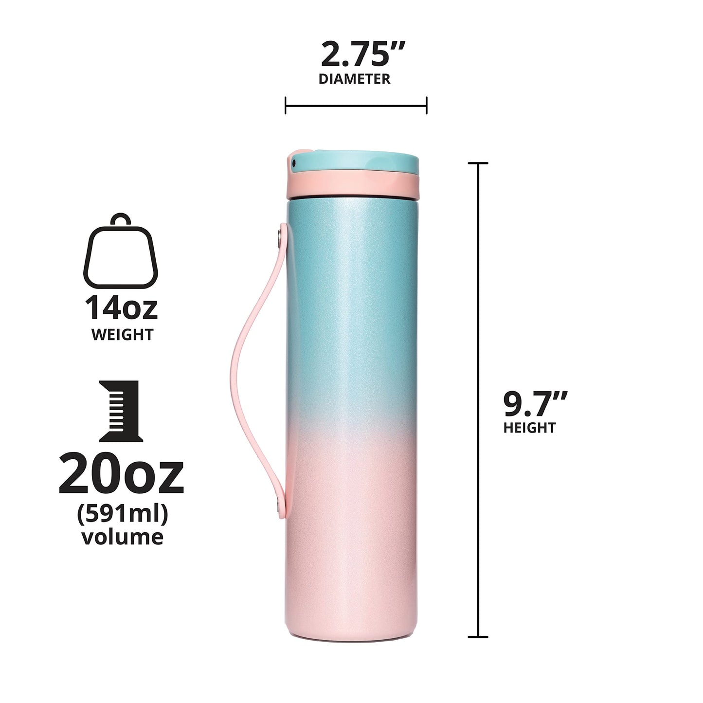 Elemental Iconic Stainless Steel Water Bottle with Straw - 20 oz Leak Proof Triple Wall Insulated Water Bottles for Travel and Sports - Reusable Gym Water Bottle with 2 Straws - Cotton Candy