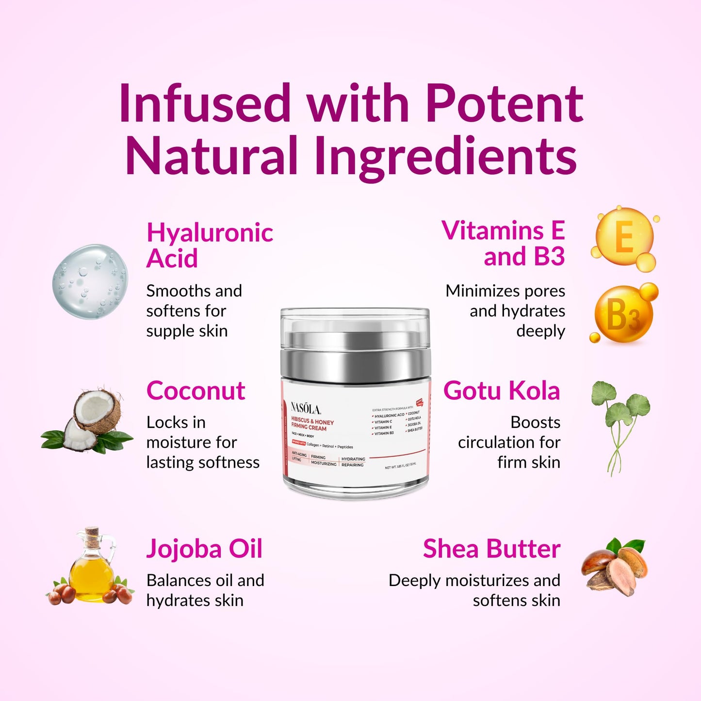 Nasola Hibiscus and Honey Firming Cream, Neck Firming Cream, Skin Tightening Cream, Skin Firming and Tightening Lotion for Face and Body, Anti-Wrinkle Facial Moisturizer with Collagen, 1.85 Oz/55ml