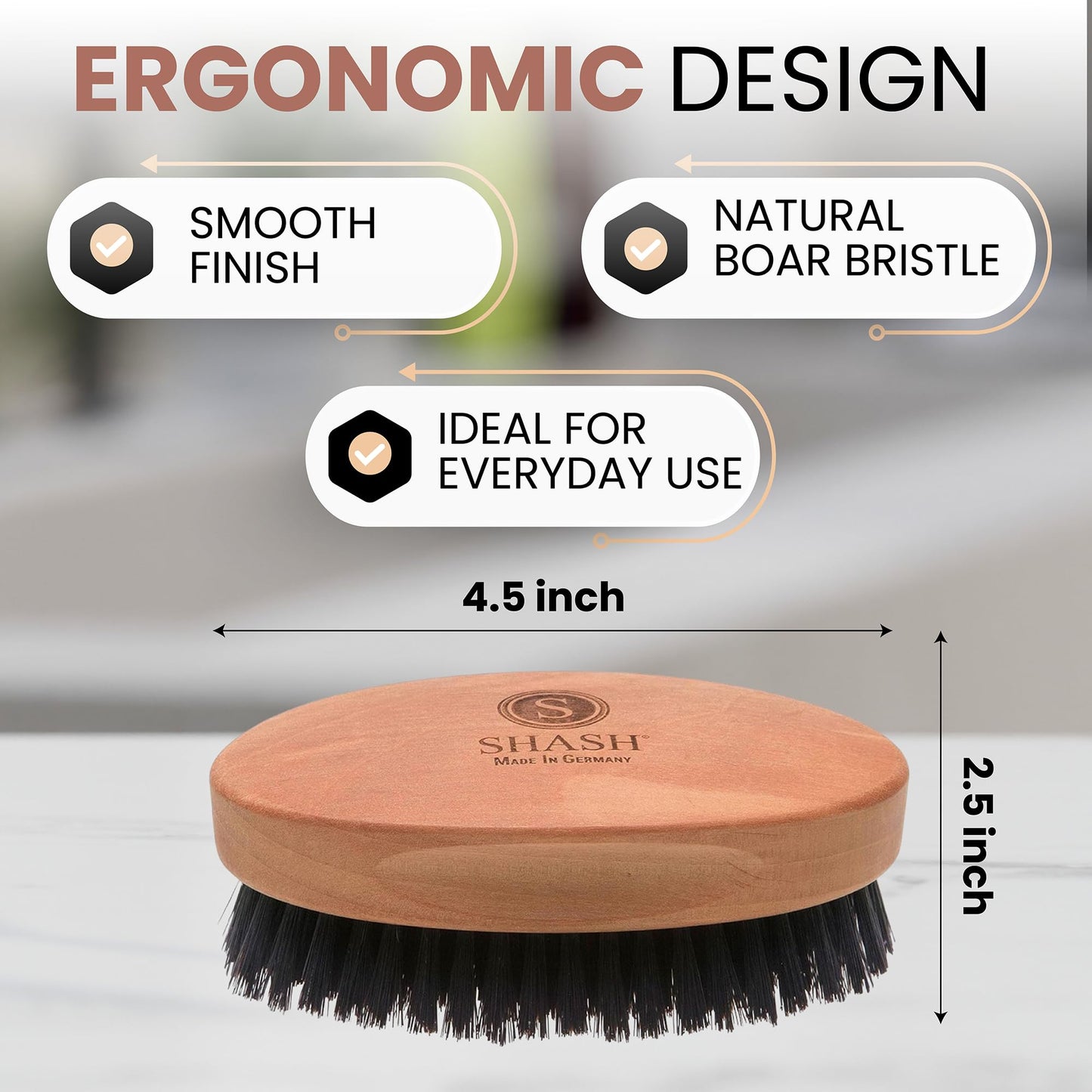 SHASH Captain 100% Boar Bristle Hair Brush - Made in Germany | Naturally Conditions, Improves Texture, and Stimulates the Scalp | Ideal for Thin to Normal Hair