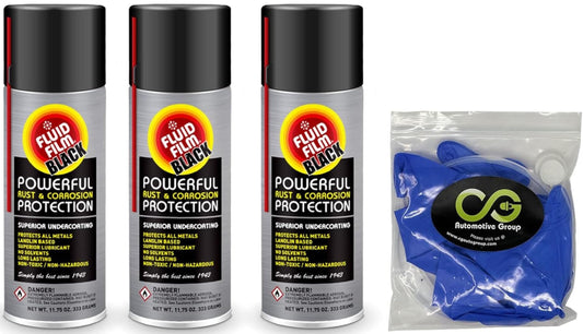 Fluid Film Black 11.75 oz Pack of 3 Rust Converter Spray with Rust Remover, Prevention, and Inhibitor Properties for Metal Protection and Undercoating. Includes Gloves, Nozzle & Bundle.