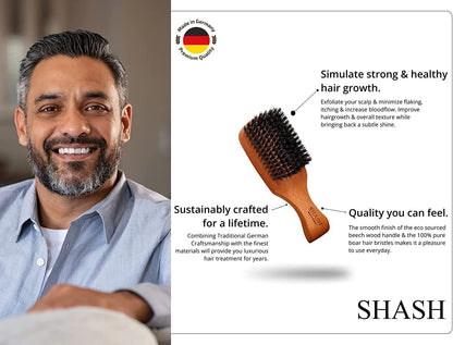 SHASH Since 1869: Handmade in Germany - The Go-To 100% Boar Bristle Hair Brush for Thin to Normal Hair | Naturally Conditions, Improves Texture, Exfoliates, and Stimulates the Scalp