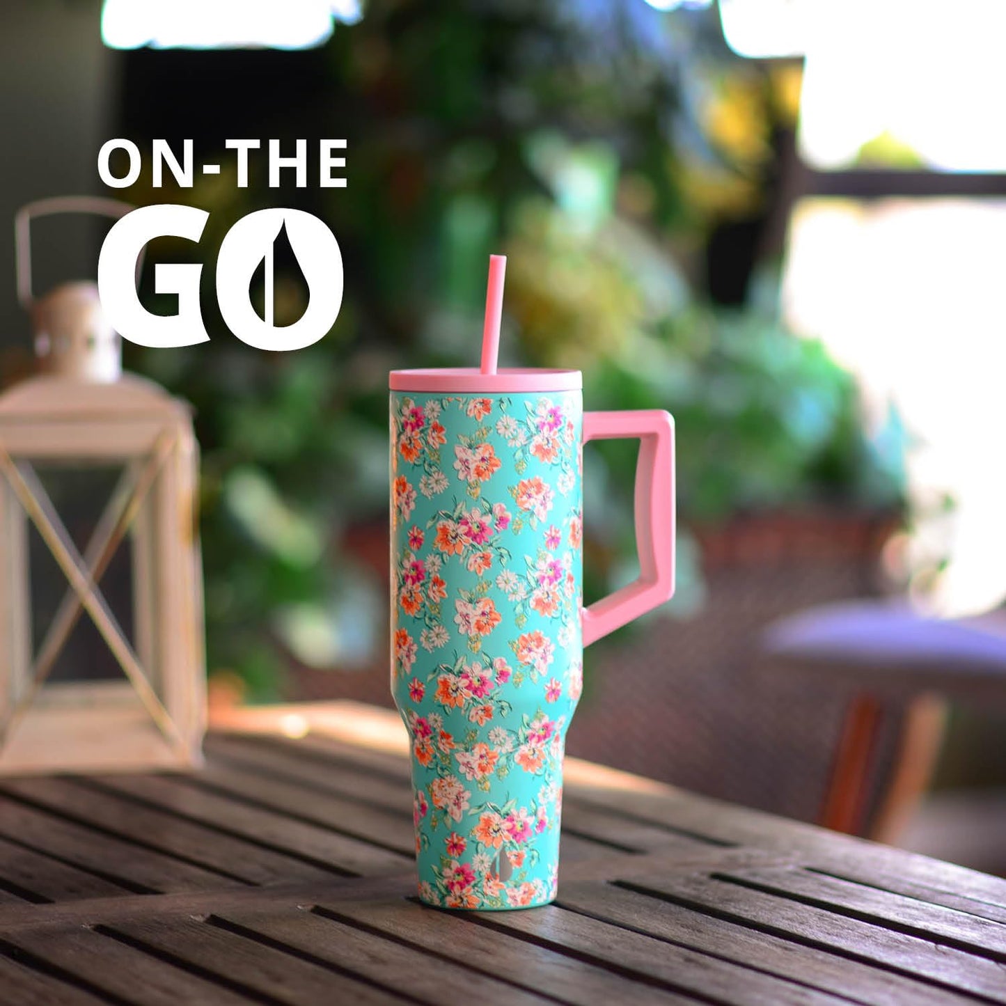 Elemental 40 oz Tumbler with Handle and Straw - Spill Proof Insulated Stainless Steel Commuter for Hot and Cold Beverages - Travel Coffee Mug with 2 Straws & Spill Proof Lid - 40oz - Vintage Flower