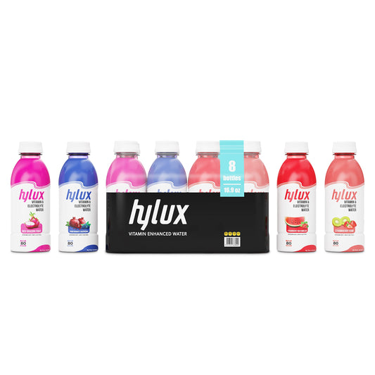 Hylux Mixed Bottle Water Case of 8 - - Electrolyte Drinks with Crisp, Refreshing Taste - Fast Hydration Drink - Lightly Sweetened Antioxidant Drink with Fewer Calories Per Bottle