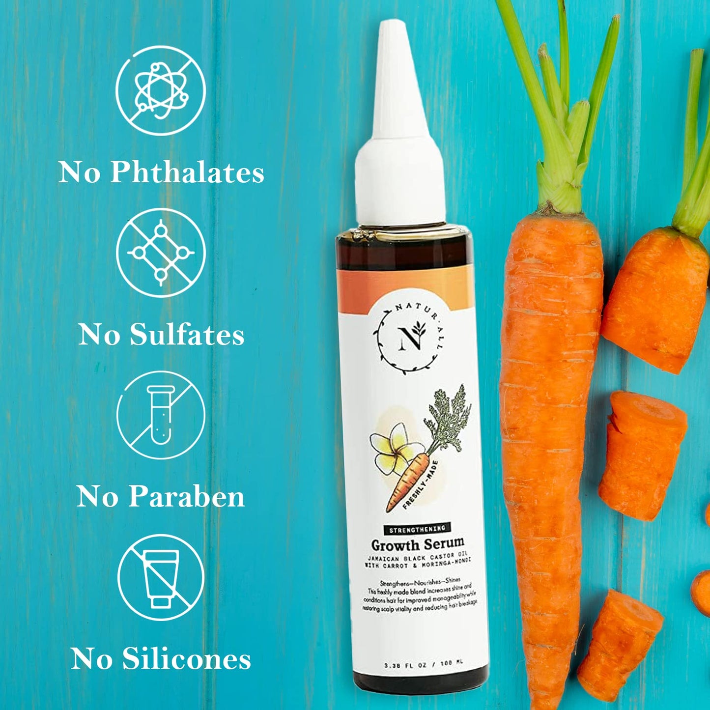 Naturall Jamaican Black Castor & Carrot Serum - 100% Natural Growth Serum for Curly, Dry & Damaged Hair - Silicone-Free Hair Strengthener (100ml)