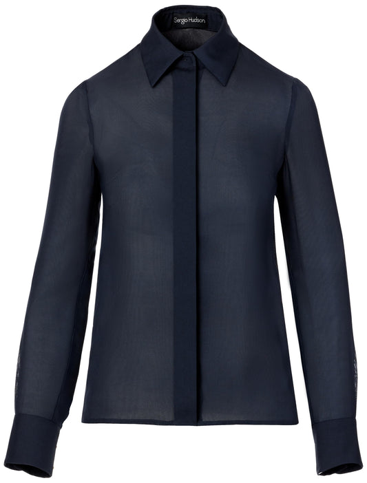 Sergio Hudson, Sheer Button Down Blouse, 6, Navy