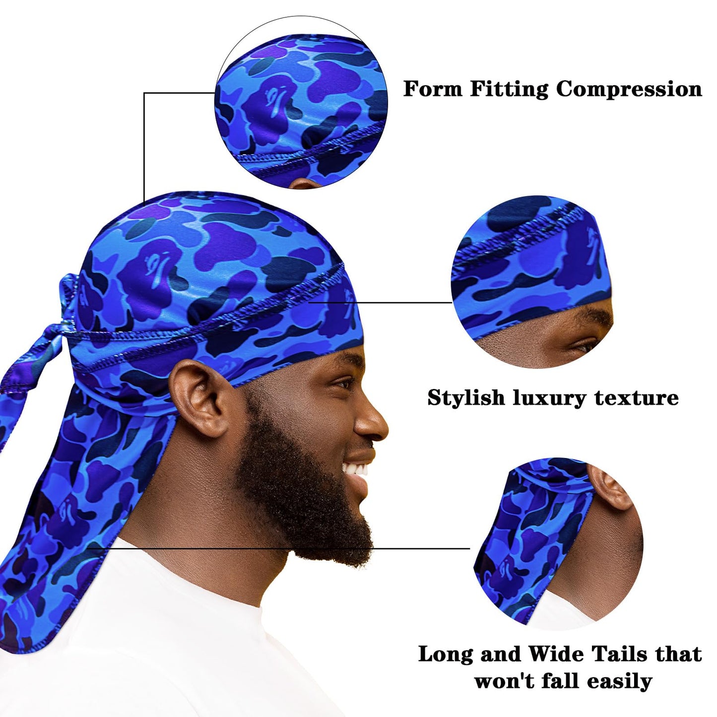 2pcs of durags Pack Set Durags for Men Women Silky durags Dorag Satin Durag Do Doo Du Rag Long Tail du rag Headwrap durag for Dreadlocks Camo