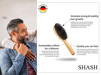 SHASH Everyday 100% Boar Bristle Hair Brush - Made in Germany | Suitable For Thin To Normal Hair, Firm, and Naturally Conditioning | Enhance Texture, Exfoliate, and Stimulate the Scalp