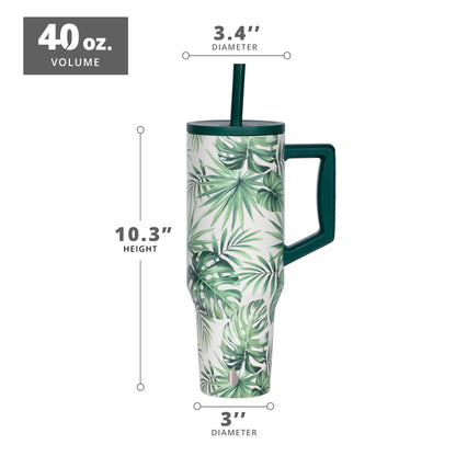 Elemental 40oz Tumbler with Handle and Straw - Spill Proof Insulated Stainless Steel Commuter for Hot & Cold Beverages - Travel Coffee Mug with 2 Straws & Spill Proof Lid - 40 oz - Monstera