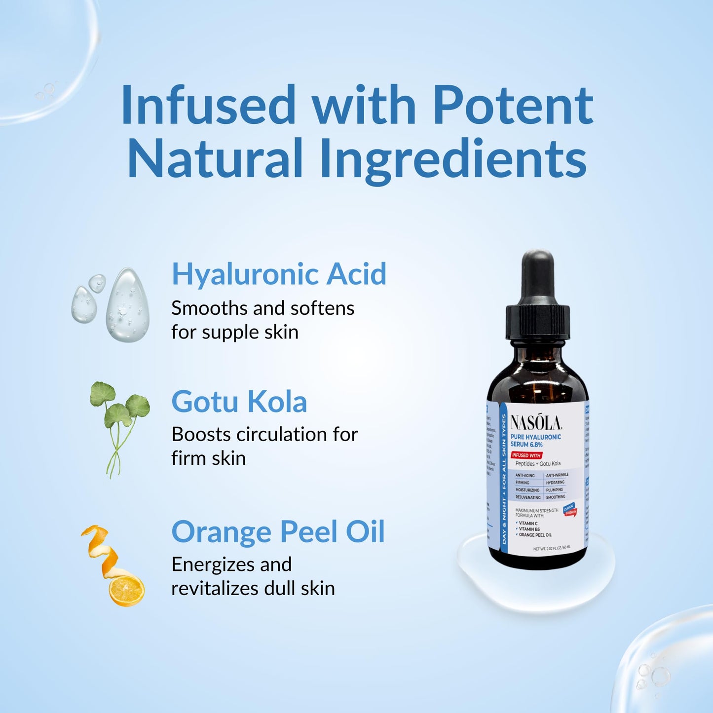 Nasola 6.8% Pure Hyaluronic Acid Serum for Face, Hyaluronic Acid Moisturizer - Get the Moisture Your Skin Needs for a Healthy, Youthful Glow with Orange Peel Oil, Vitamin B5 and C, 2.02 Oz