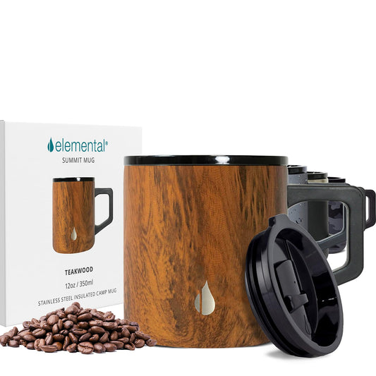 Elemental Insulated Coffee Mug - Triple-Wall Stainless Steel Summit Travel Cup for Hot and Cold Drinks - Thermal Coffee Mug with Lid and Handle for Camping, Office & Travel 12oz - Teakwood