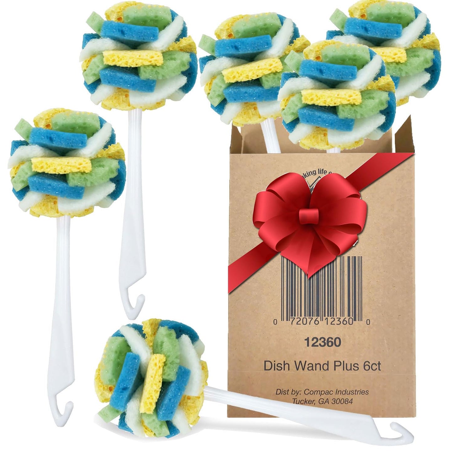 Compac’s Dish SpongeWand Plus Tri Surface Scrubbing Sponge with Cello Foam Scour Sponge Petals, Cleans Dishes, Glassware 360° Scrubber Pads for Tough to Clean Pots Pans, Multi-Color, (Pack of 6)