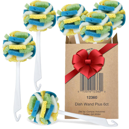 Compac’s Dish SpongeWand Plus Tri Surface Scrubbing Sponge with Cello Foam Scour Sponge Petals, Cleans Dishes, Glassware 360° Scrubber Pads for Tough to Clean Pots Pans, Multi-Color, (Pack of 6)