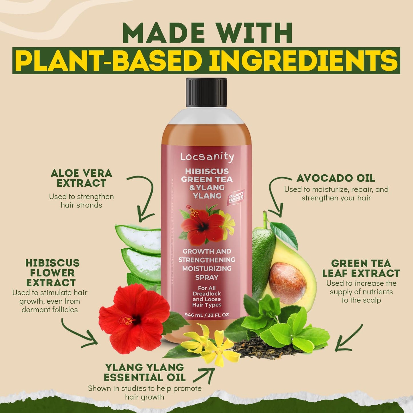 Locsanity Hibiscus Green Tea Hair Growth Spray for Dreadlocks and Loose Hairstyles Hair Care Treatment – Jumbo Size Loc Moisturizer for Thicker, Fuller, Longer Hair (32oz)