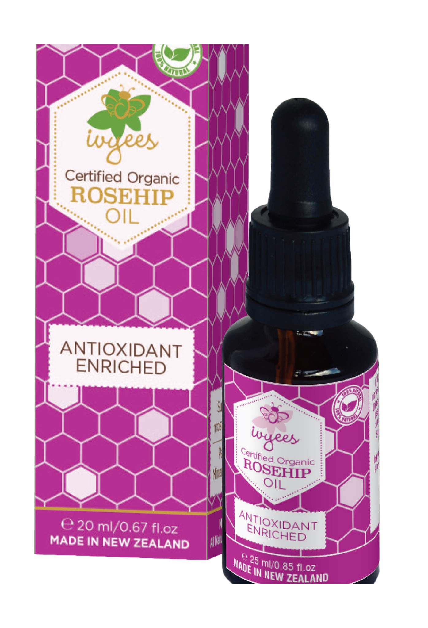 Ivyees Rosehip Oil .85 Oz With Essential Fatty Acids, Vitamin A, C, And Omega 3-6-9 To Soothe, Soften, Hydrate, and Protect Skin, Antioxidant Enriched, Paraben and Mineral Oil Free