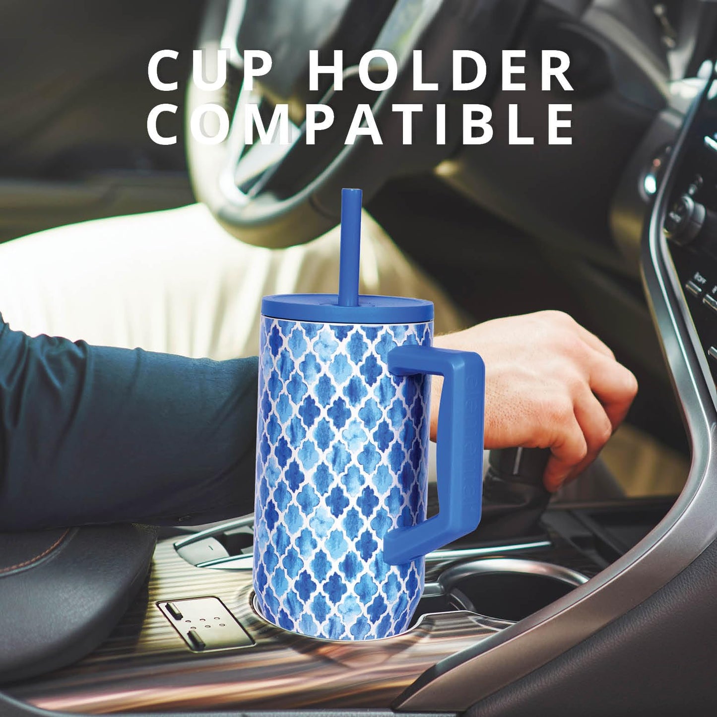 Elemental 40 oz Tumbler with Handle and Straw - Spill Proof Insulated Stainless Steel Commuter for Hot and Cold Beverages - Travel Coffee Mug with 2 Straws & Spill Proof Lid - 40oz - Blue Tile