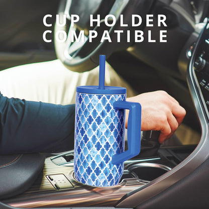 Elemental 40 oz Tumbler with Handle and Straw - Spill Proof Insulated Stainless Steel Commuter for Hot and Cold Beverages - Travel Coffee Mug with 2 Straws & Spill Proof Lid - 40oz - Blue Tile