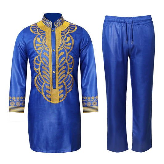 TIDOIRSA African Mens Clothing,Gold Embroidery Men Shirt and Pants Outfit 2 Piece Set (5XL,Blue)