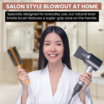 SHASH Boar Bristle Round Brush - Made In Germany | Volumize and Revitalize Your Hair with Softer, Smoother Results - Scalp Exfoliation and Stimulation - Eco-Sourced Olive Wood Handle