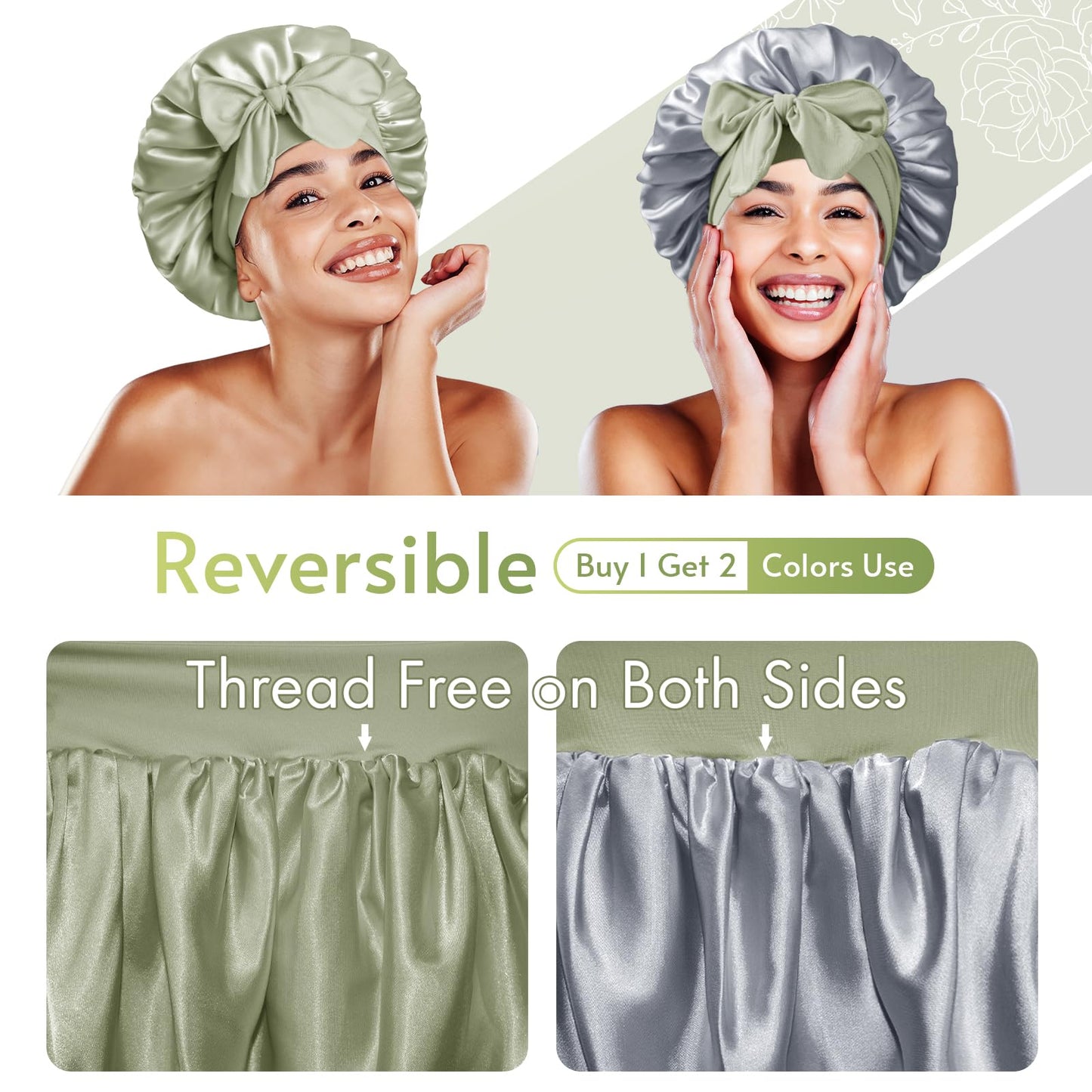 BONNET QUEEN Silk Bonnet for Sleeping Women Satin Bonnet with Eye Mask Non Slip Hair Bonnet for Curly Hair Night Sleep Cap Green+Green