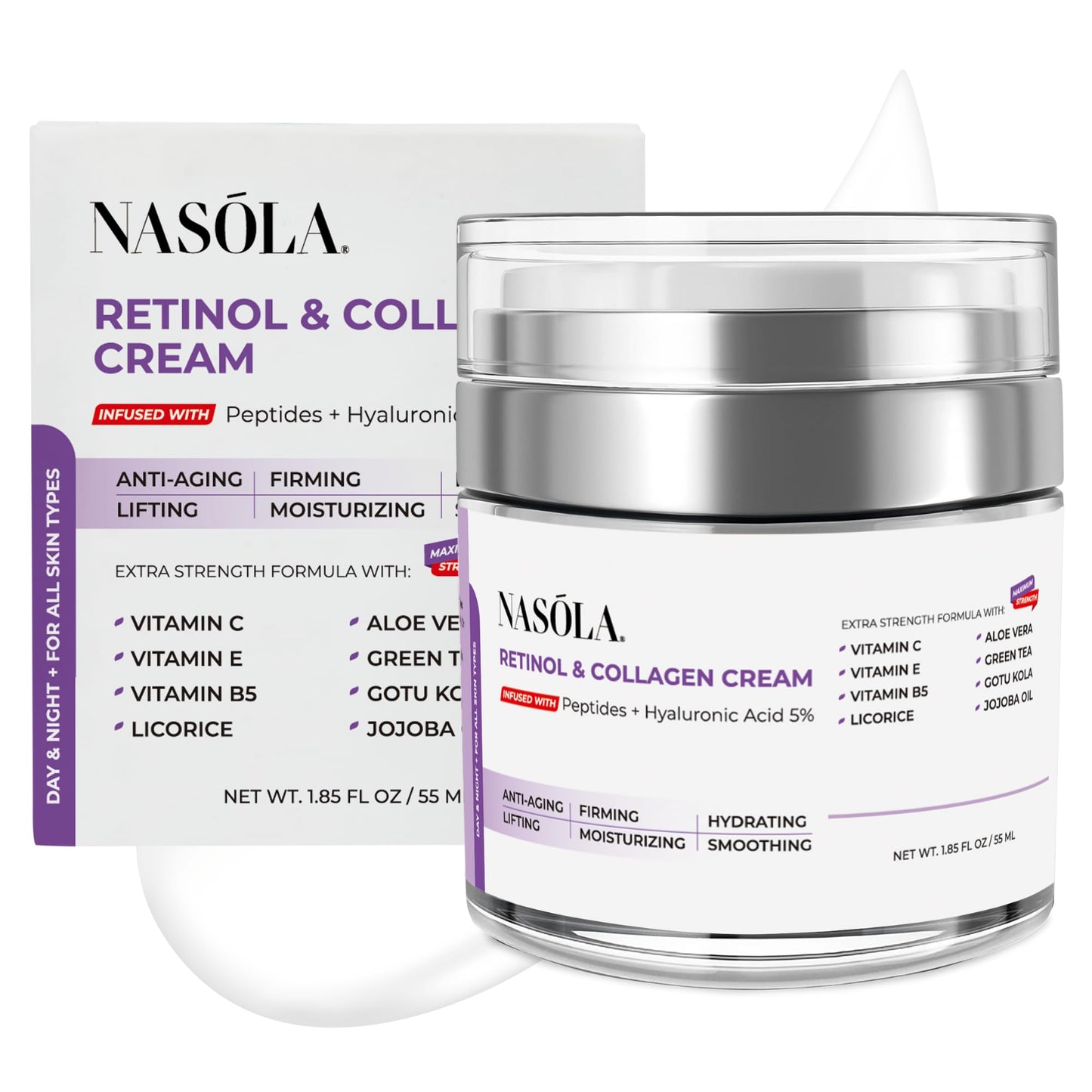 Nasola Retinol and Collagen Face Cream, Anti Aging Retinol Cream for Face Moisturizer with Hyaluronic Acid, Day & Night Collagen Cream Wrinkle Remover for Face, Contains Vitamin B5+E+C, 1.85 Fl Oz
