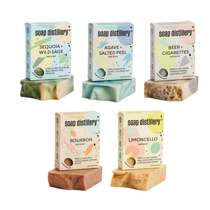 Soap Distillery Five Soap Bar Variety Pack - Tobacco Leaf (Beer + Cigarettes), Sweet Bourbon, Fresh and Clean Agave, Citrusy Limoncello, Sequoia - Soap for Women and Men, Pthalate free fragrance