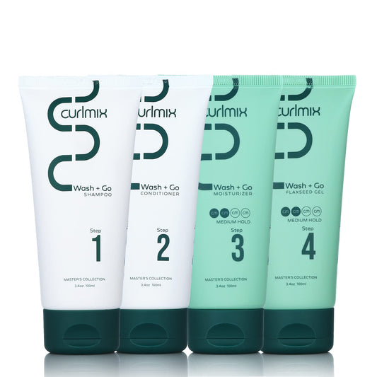 CurlMix Wash & Go System - Travel Size Sample Curly Hair Shampoo & Conditioner Set with Hydrating Moisturizer & Softening Flaxseed Gel - Medium Hold