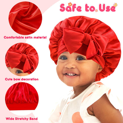 BONNET QUEEN Baby Bonnet Kids Bonnet Infant Satin Silk Hair Bonnets with Tie Band Bow for Girls 4~12 Years 2Pcs Black+Red