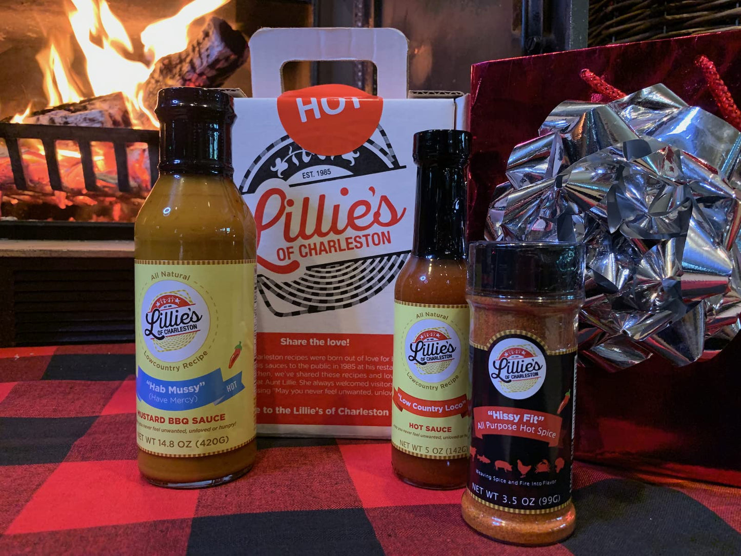 Lillie's of Charleston 3 ct. Hot Variety Gift Box | Low Country Loco Hot Sauce, Hab Mussy Mustard BBQ Sauce, Hissy Fit All Purpose Seasoning Blend | 7" x 8.25" x 3.5" Gift box with handle