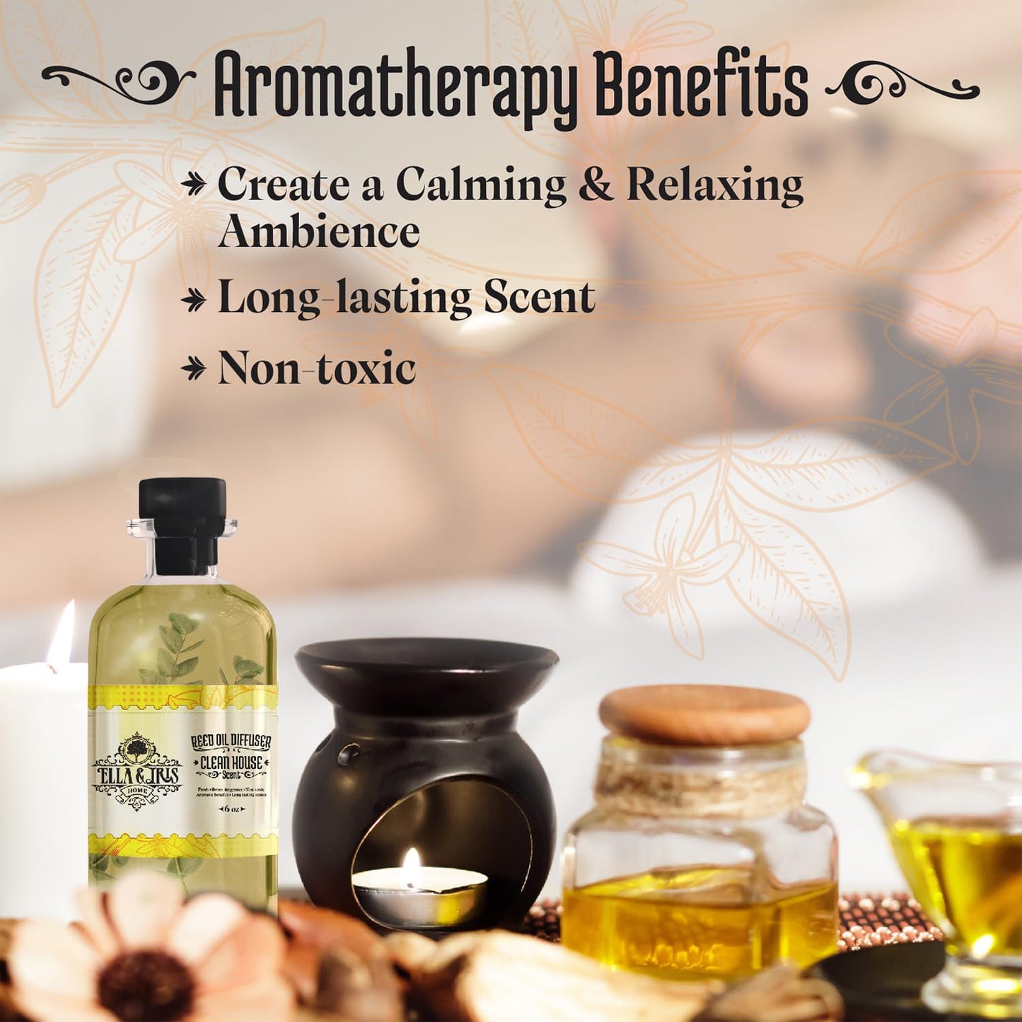 Ella & Iris Home Reed Diffuser Oil with Clean House Scent - Relaxing Citrus Oil Diffuser for Home & Room Fragrance - Aromatherapy Benefits & Non-Toxic - Home & Office Decor Gift (6oz)