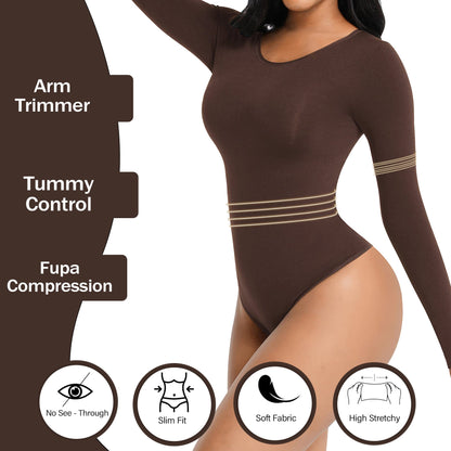 Soo slick Bodysuit for Women Fall Clothes for Women 2024 - Body Shaper Long Sleeve Crew Neck Thong Body Shaping Tops