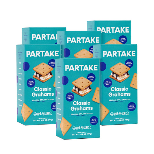 Gluten Free Vegan Classic Graham Crackers by Partake Foods – Delicious 6 Boxes Graham Crackers | Non-GMO, Allergy-Friendly Ingredients | No Peanuts, Soy, Dairy, Tree Nuts, Egg, Sesame, or Wheat, | Safe School Snack for Kids