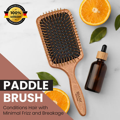 SHASH Since 1869 Made in Germany Wooden Paddle Brush - Gently Detangles, Styles, Conditions Hair with Minimal Frizz and Breakage - Safe for All Hair Types, Wet or Dry - Eco-Sourced Wood