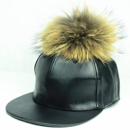2Chique Boutique Women's Black Leather Big Pom Pom Baseball Hat (Brown)