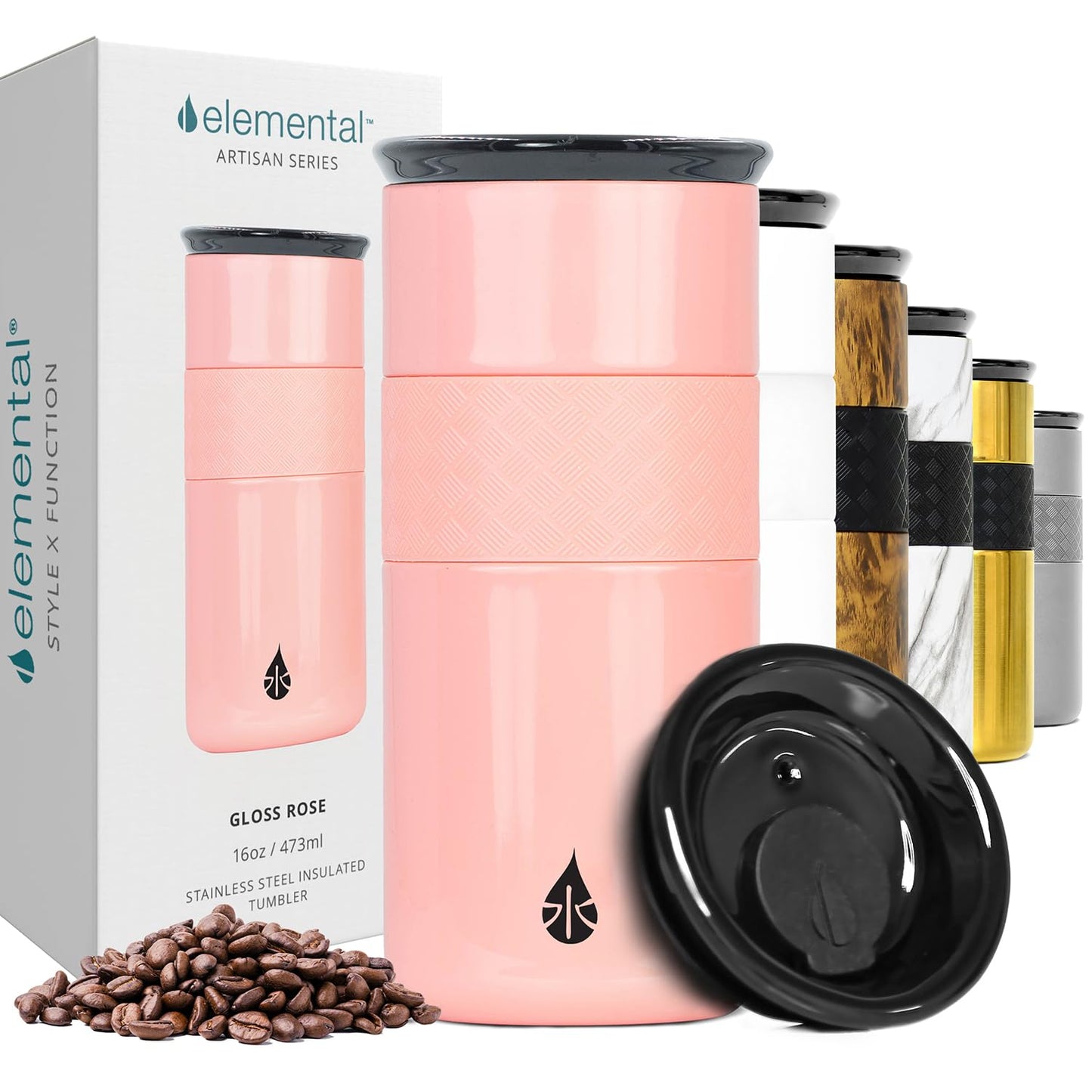 Elemental Artisan Insulated Tumbler, Triple Wall Coffee Travel Tumbler, Reusable Stainless Steel Coffee Tumbler with Ceramic Lid, Thermal Coffee Cup for Hot (6 Hrs) & Cold (18 Hrs), 16oz - Gloss Rose