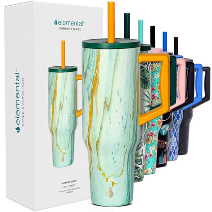 Elemental 40 oz Tumbler with Handle and Straw - Spill Proof Insulated Stainless Steel Commuter for Hot and Cold Beverages - Travel Coffee Mug with 2 Straws & Spill Proof Lid - 40oz - Aurora Glow