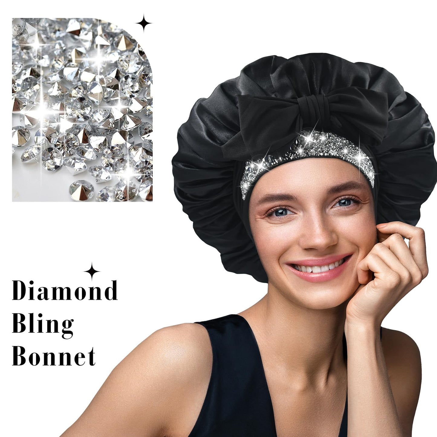 BONNET QUEEN Silk Bonnet and Rhinestone Bling Bonnet,Women Satin Bonnet Hair Bonnet Night Sleep Cap Hair Wrap for Curly Hair with Tie Band