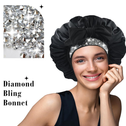 BONNET QUEEN Silk Bonnet and Rhinestone Bling Bonnet,Women Satin Bonnet Hair Bonnet Night Sleep Cap Hair Wrap for Curly Hair with Tie Band