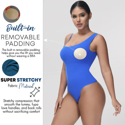 Soo slick Shapewear bodysuit for women Tummy control Tops mono strap sleeveless body suit thong sculpting clothings with removable padding and straps (Blue Large)