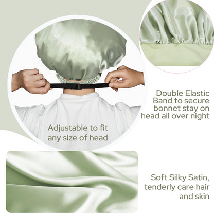 BONNET QUEEN Silk Bonnet for Sleeping Women Satin Bonnet with Eye Mask Non Slip Hair Bonnet for Curly Hair Night Sleep Cap Green+Green
