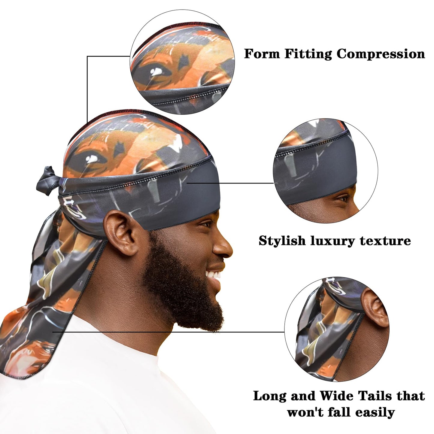 Silk Durags for Men Printed Do Rag with Long Tail Durag Hip Hop Turban Breathable Bandana Hat Satin 360 Waves Durag Do Doo Du Rag Head wrap for Women