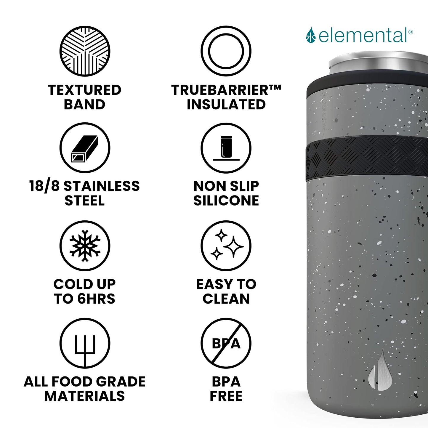 Elemental Insulated Slim Can Cooler, Triple Wall Stainless Steel Skinny Can Cooler - Drink Cooler Insulator for 12oz Skinny Seltzers, Beer, Soda Cans - Speckle Grey